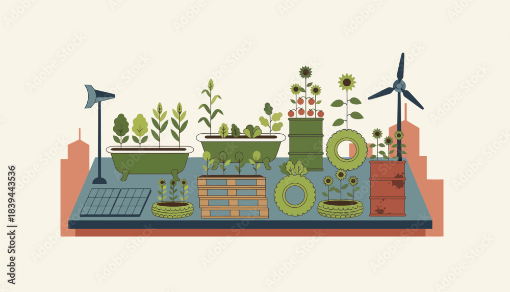 Obraz premium An urban rooftop garden using reclaimed materials for planters illustrating waste reduction in city farming initiatives.