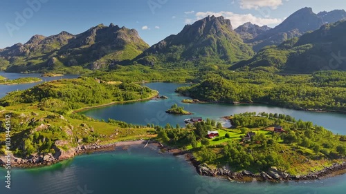 Wallpaper Mural Northen green nature of Lofoten, Norway. Aerial view of breathtaking natural beauty of Lofoten Islands with stunning mountains, lush forests and lakes  Torontodigital.ca