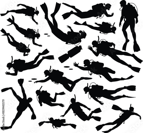 Set of scuba diver silhouettes showing underwater swimming poses, snorkeling motions, diving equipment, ocean exploration actions, perfect for 