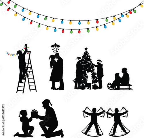 Silhouette illustration of winter holiday activities with Christmas lights, decorations, and playful family moments in minimalist style