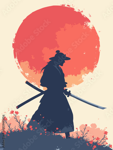Katana sword standing vertically on a display stand, curved blade silhouette against a large red sun, bushido concept, flat vector, white background, 9:16 aspect ratio