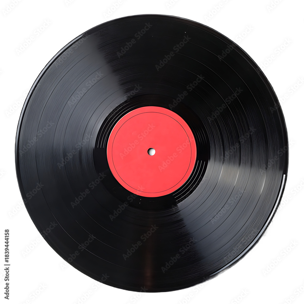 Obraz premium Vintage black vinyl record with red label on black background