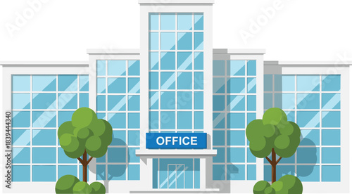 Modern Low-Rise Corporate Office Building Vector Illustration in Flat Design Style, Featuring a Glass Entrance, Trees, and Professional Suburban Business Architecture.