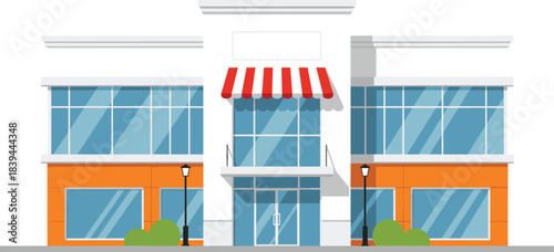 Wide Modern Commercial Retail Center Building Vector Illustration, Featuring Large Glass Storefront Windows, Orange Panels, and a Red Striped Awning Design.