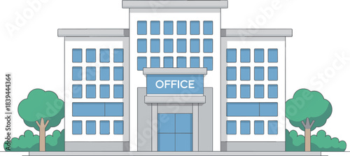Modern Suburban Office Building Vector Illustration in Flat Design Style, Featuring Glass Windows, Trees, Green Bushes, and Corporate Business Architecture.