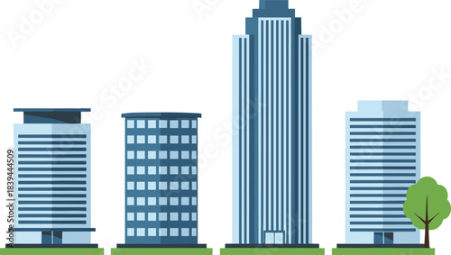Set of Four Flat Design Vector Illustrations of Different High-Rise Office Skyscrapers, Corporate Towers, and Modern Urban Architecture for Business.