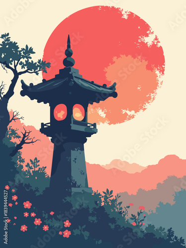 Stone lantern (Toro) in a garden, tall weathered silhouette against a large red sun, tranquil atmosphere, vertical composition, flat vector, white background, 9:16 aspect ratio