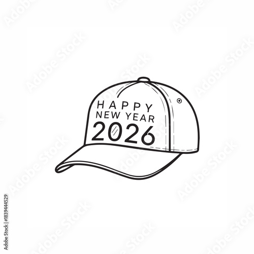Happy New Year 2026 Baseball Cap Outline Drawing Vector