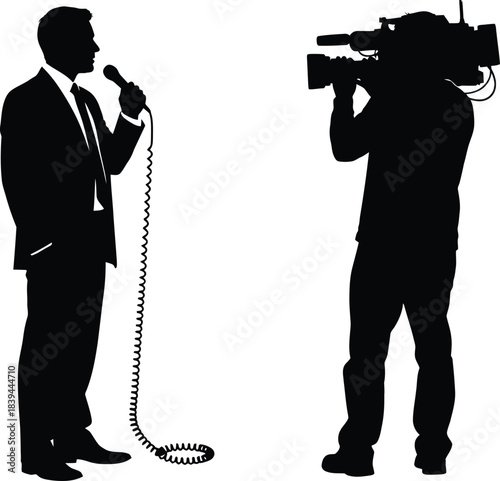 Silhouette of a man speaking into a microphone and a cameraman filming with professional gear on a clean white background