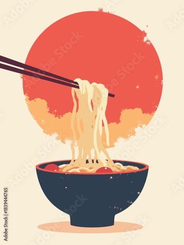 Ramen bowl with chopsticks lifting noodles high, simple vertical silhouette against a large red sun, culinary icon, flat vector, white background, 9:16 aspect ratio