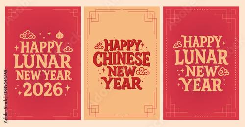 Happy Chinese New Year banners, cards, posters set decorated with quotes and borders. Good for templates, invitations, social media, leaflets, etc. EPS 10