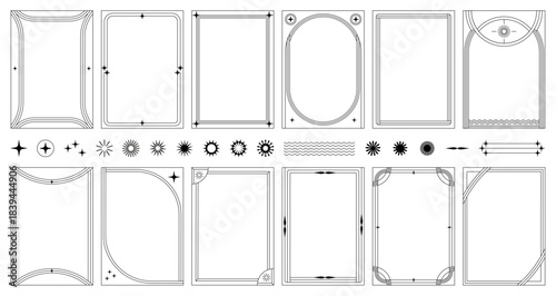 Minimal Geometric Frames collection. Black and White Thin line decorations with spacers and symbols. Full Vector Design Templates