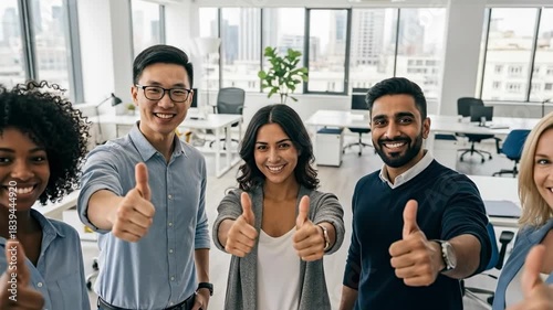 Diverse group of smiling professionals giving thumbs up in modern office.