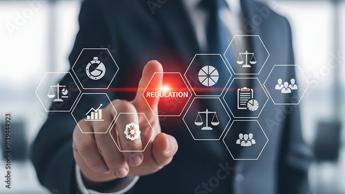 Businessman interacting with digital law and justice interface