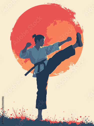 Karate martial artist executing a high vertical kick, dynamic silhouette against a large red sun, action pose, flat vector, white background, 9:16 aspect ratio