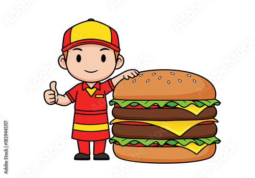 A cute cartoon fast-food worker in uniform giving a thumbs-up next to a giant double cheeseburger, isolated on white.