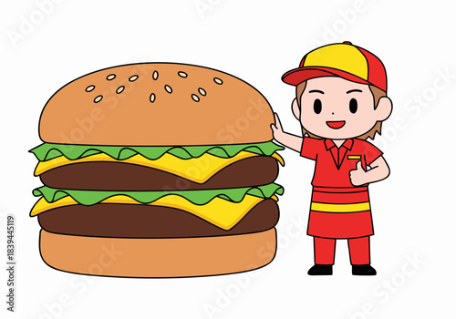 A cheerful cartoon fast-food worker in a red uniform and cap stands proudly next to a giant double cheeseburger with lettuce and cheese.