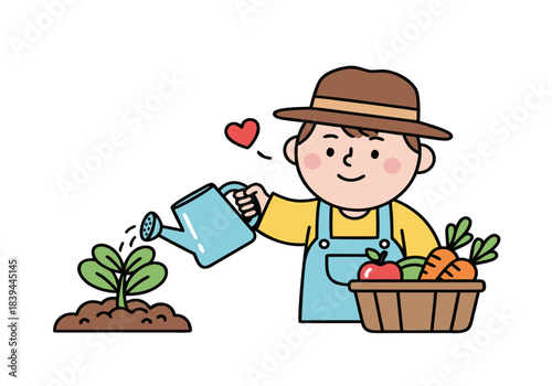 A happy cartoon farmer watering a small plant with a blue can, with a basket of fresh produce nearby.