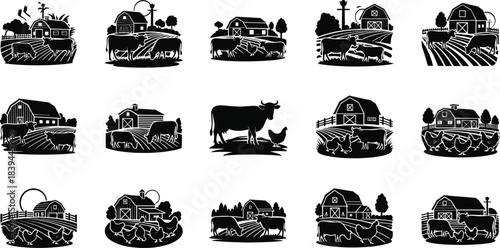 Black and white farm scenes with barns cows and chickens in silhouette cattle