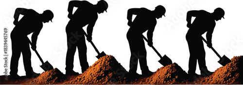 Silhouette sequence of five figures digging around a mound of soil in a stark, high-contrast minimalist composition