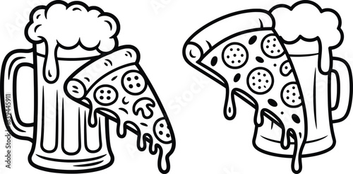 Beer and Pizza Line Art Icon, Retro Food & Drink Illustration.