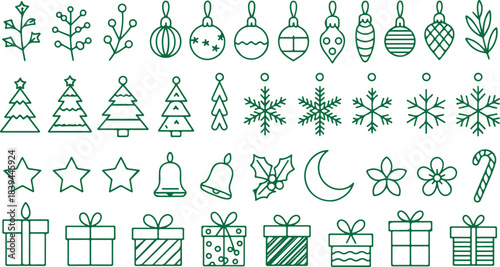 Collection of Green Outline Christmas Holiday Season Festive Elements Icons