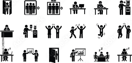 Collection of black and white business stick figure icons depicting office life and activities