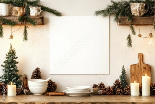 Christmas Poster Mockup on Rustic Farmhouse Kitchen Wall