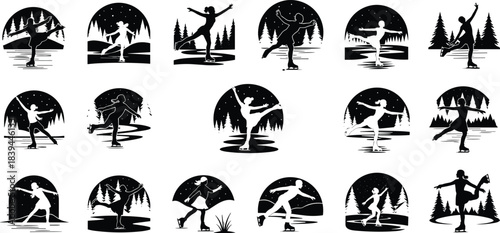 Collection of black and white silhouettes of figure skaters performing on ice rinks with winter trees and starry skies