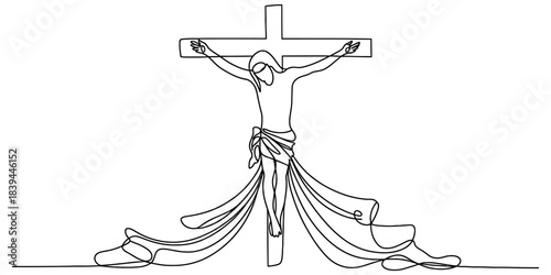 Captivating single continuous line art drawing of jesus christ on the cross, representing the core tenets of christianity, sacrifice, and spiritual devotion. Vector, illustration