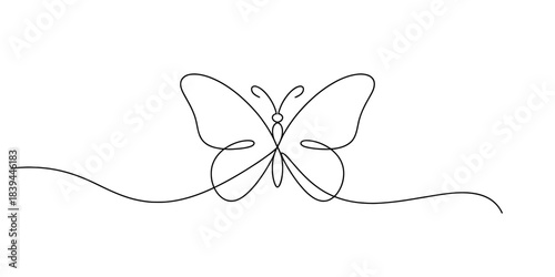 Minimalist one line art drawing of a flying butterfly on a clean white background, representing freedom, transformation, and delicate beauty in continuous motion Vector, illustration