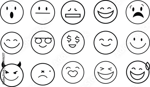 A set of smiley face line icons featuring various emoticon expressions, illustrated in a simple outline style and isolated on a white background.