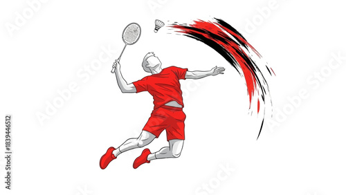 Dynamic Badminton Player in Mid Air Smash with Red Paint Splatter Effect Action Shot