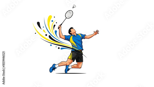 Dynamic Badminton Player Performing a Powerful Smash Shot Action Illustration
