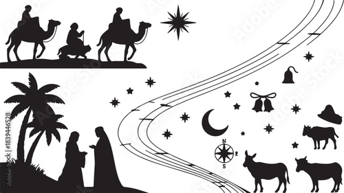 Classic Nativity scene and the wise men's journey under the guiding star