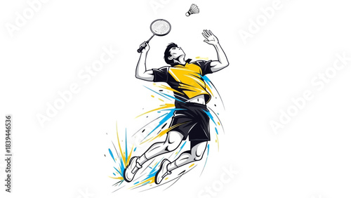 Dynamic Badminton Player Leaping for a Powerful Smash Shot on White Background Action Sport Illustration