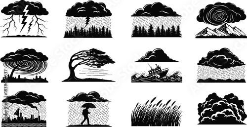 Collection of black and white weather icons depicting storms and natural phenomena
