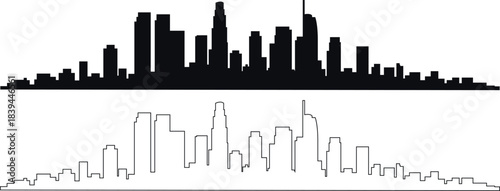 A detailed black silhouette of a sprawling city skyline with varying building heights isolated on white background