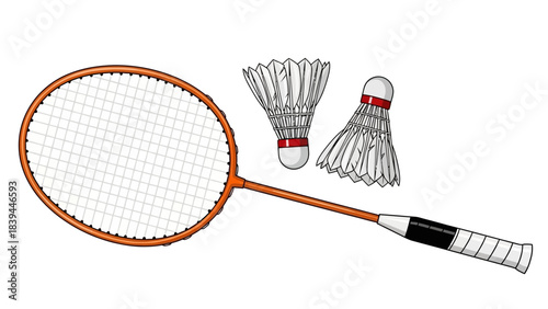 Badminton Racquet and Shuttlecocks Isolated on White Background Sports Equipment Illustration