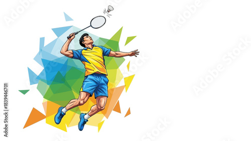 Dynamic Badminton Player in Mid Jump Smash Action Sport Illustration