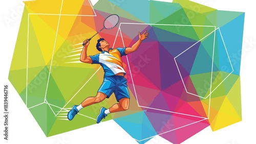 Dynamic Badminton Player Executing Powerful Smash on Colorful Geometric Abstract Background Vector Illustration