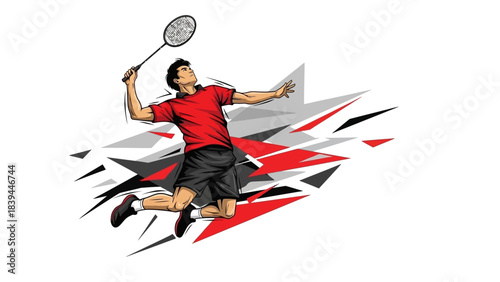 Dynamic Badminton Player Executing a Powerful Smash Shot in Mid Air with Abstract Energetic Background Sports Action Illustration