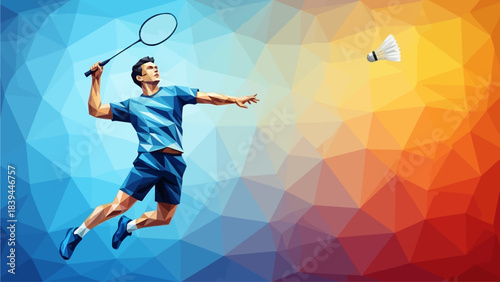 Dynamic Athlete Jumps to Smash Badminton Shuttlecock with Racket Vibrant Geometric Background Action Shot