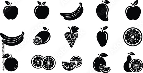 Collection of black fruit icons including apples bananas oranges grapes mango and pear