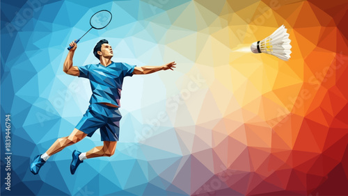 Dynamic Badminton Player Leaping to Smash Shuttlecock in Mid Air on Abstract Colorful Background