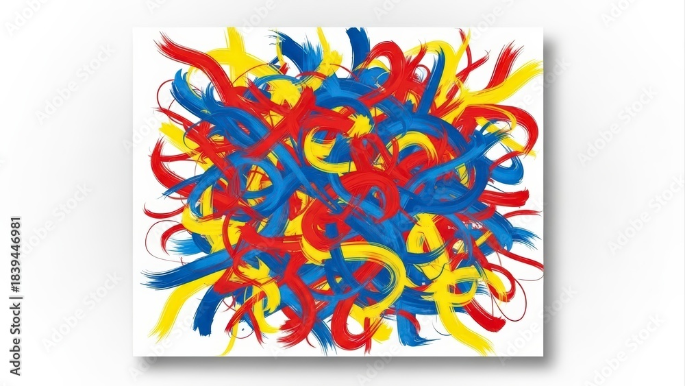 Fototapeta premium Vibrant Abstract Swirls of Red, Blue, and Yellow Paint on White Canvas.