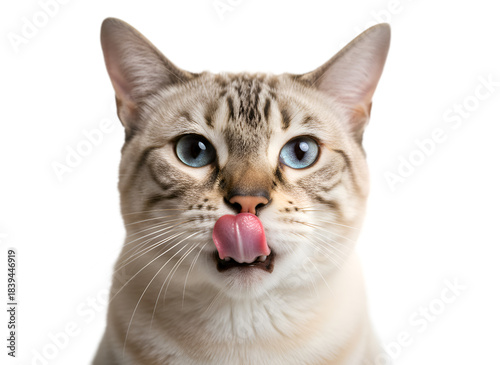 Domestic Cat Licking Nose, Blue-Eyed Feline Close-up Portrait with White Background on white background Isolated on Transparent Background