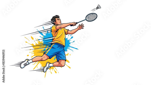 Dynamic Badminton Player Jumps to Smash Shuttlecock Action Illustration for Sports and Fitness Concepts