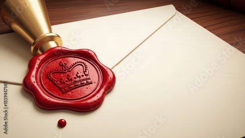 Close-up of a red wax seal with a crown emblem on a vintage envelope, symbolizing authenticity and tradition.