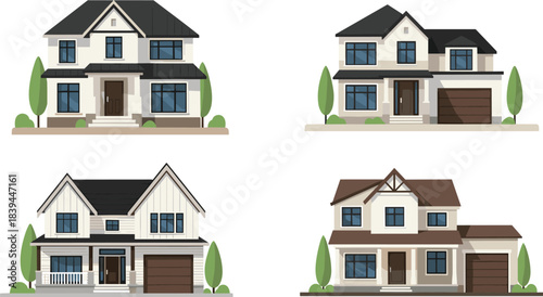 Detailed vector illustration set of modern suburban detached houses with garages and landscaping, a perfect collection for real estate, property investment, or architectural design.